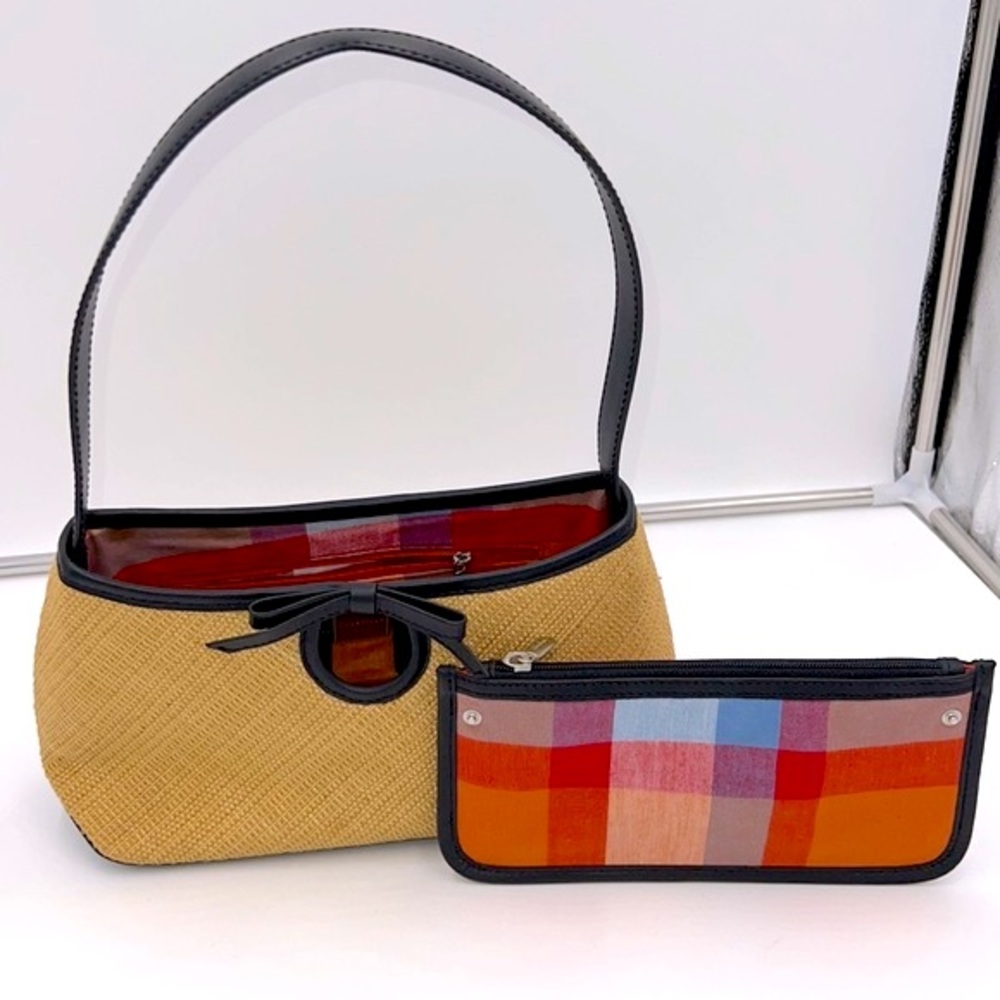 Cole Haan East-West Natural Tan Straw Satchel with Black Leather Bow and Trim